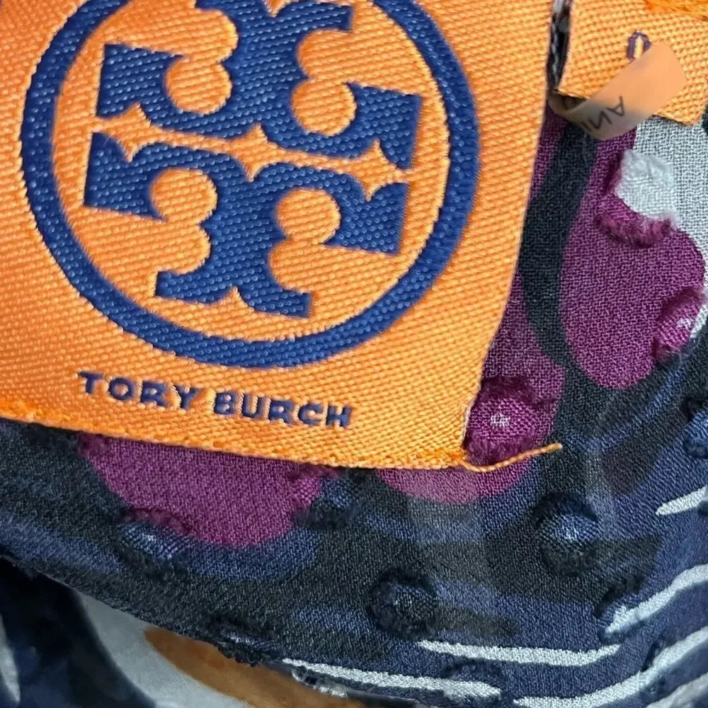 Tory Burch Silk Navy/White/ Purple Floral Peplum Style Blouse Small
